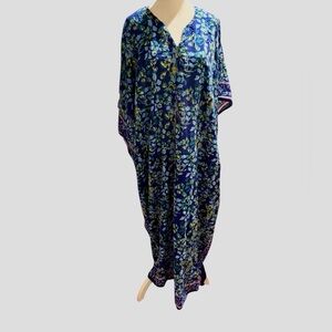 Floral Blue Cotton Kaftan Dress. One Size. EUC